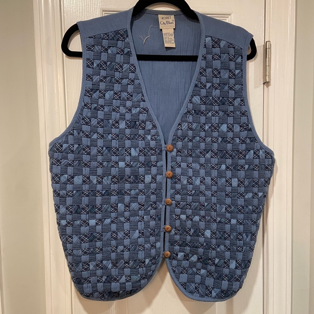 VTG Koret City Blues Size L Patchwork Basket Weave Vest Button Front Tie Back